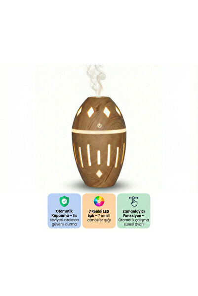 VOOKA Ahşap Tasarımlı Aroma Difüzör RGB LED Ortam Işıklı Sessiz Otomatik Kapa...