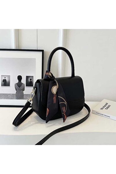 Butik Fularlı Deri Askılı Siyah Renk Kadın El & Omuz Çantası