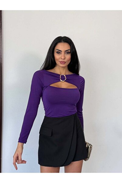 Freya Kadın Göğüs Dekolteli Metal Detaylı Uzun Kollu Bluz