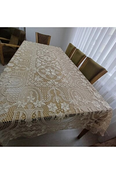 ZeynoÇeyiz مفرش طاولة دانتيل أنجلز 160×250 سم، صناعة آلية، لون بيج