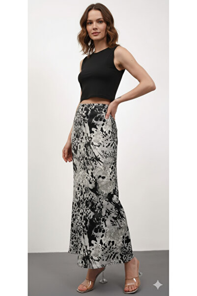 MAİMODA Batik Desenli Siyah Saten Maxi Etek