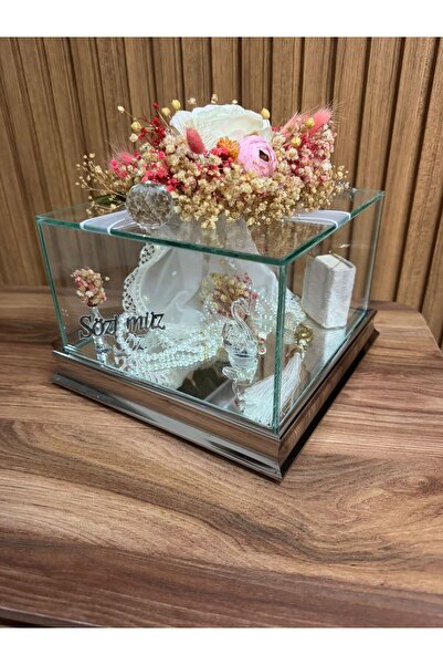 DAFNE Lüks Cam Söz Nişan Fanusu | Pembe & Beyaz Kuru Çiçek, Kuğu Figürlü