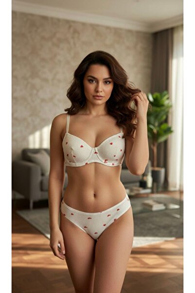 NoxAura White Cotton Red Heart Patterned Bra Set