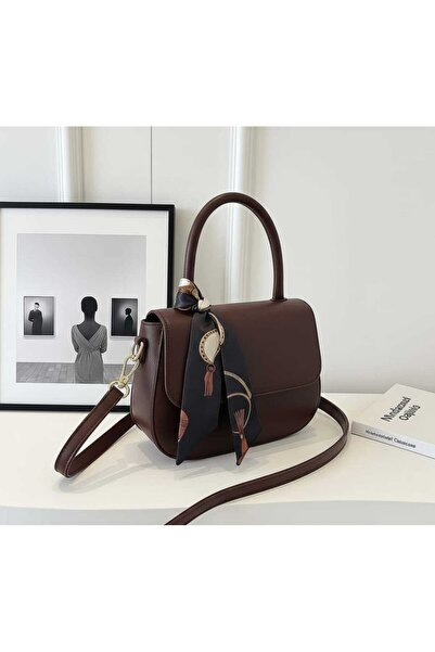 Butik Fularlı Deri Askılı Acı Kahve Renk Kadın El & Omuz Çantası