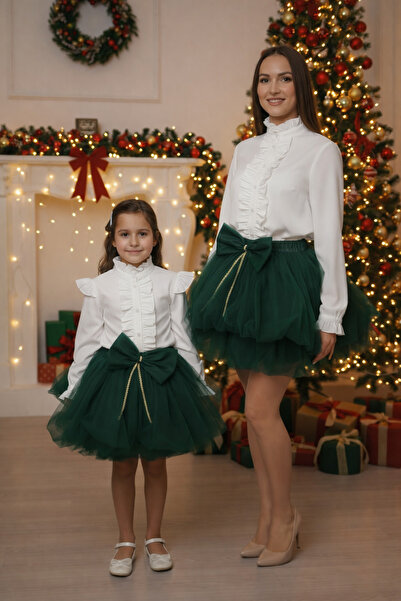 modabesta Anne Kız Kombini Zümrüt Yeşili Fiyonk Detaylı Kabarık Tütü Etek