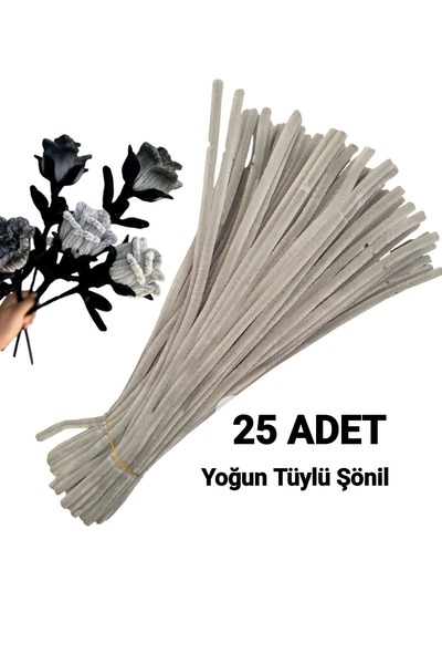 hyc heryerçiçeklenir 25 Adet Gri Şönil, Çiçek Yapımına Uygun Tüylü Tel, 30 Cm...