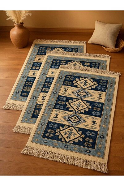 OEM Set of 3 Traditional Rugs, Size 60 x 90 cm, Blue and Cream