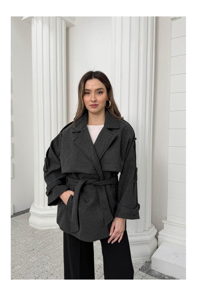 Elif Özbey Butik Antrasit Rebello Kuşaklı Kaşe Kaban
