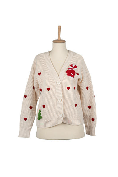 Nsk Textile Boutique Punch Embroidered Ecru Knit Cardigan – Standard Size, Ha...
