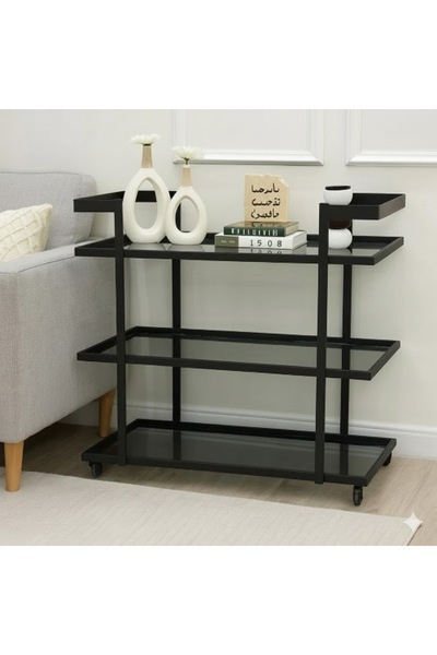 terndat 3-tier black hospitality serving cart with a transparent black glass top