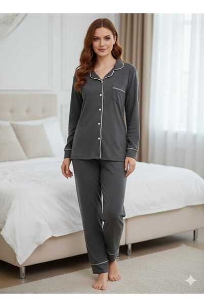MODA Σετ βαμβακερής πιτζάμας με μπροστινό κουμπωτό γιακά, σκούρο χρώμα και δι...