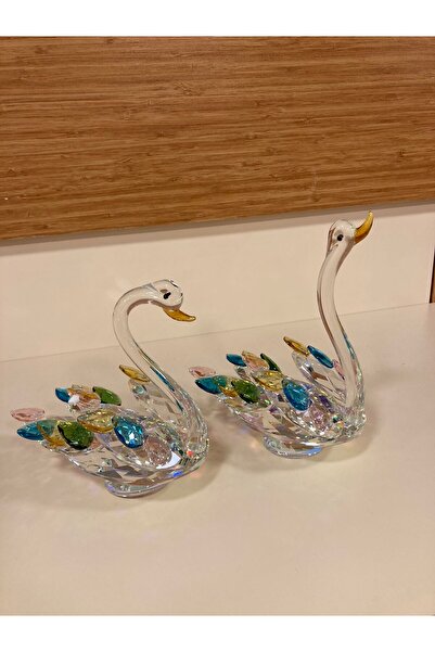 PLUS HOME DEKORATİF KRİSTAL 2,Lİ RENKLİ KRİSTAL TAŞLI KUĞU YÜKSEKLİK 18 VE 16 CM ÇAPI 17 CM