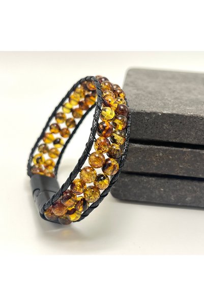 YILDIZ DOĞAL TAŞ Certified Drop Amber 6mm Double Row Interlocking Bracelet