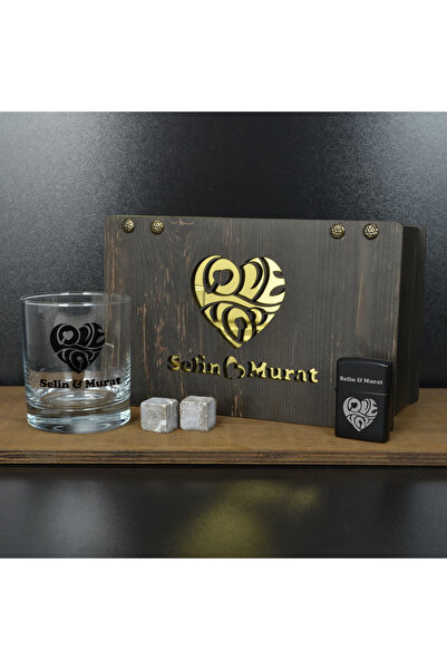 hediyekralı Kişiye Özel Love Desenli Premium Viski Seti – Ahşap Kutulu | Bard...