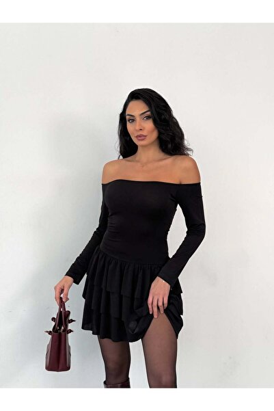 Freya Kadın Siyah Straplez Yaka Kat Kat Etek Detaylı Mini Elbise