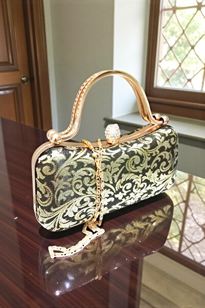 Famels Special Patterned Evening Dress Bag Gold Case Chain Zircon Stone Speci...