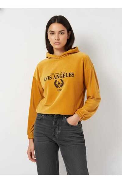 HOODRICK ✨Trendy Women’s Mustard Yellow Hooded Sweatshirt – Los Angeles Print Casual Hoodie✨