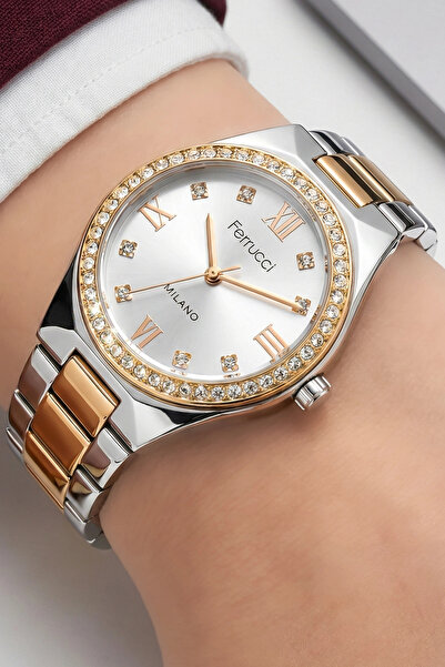 Ferrucci Steel Cord Stone Steel Case Women Wrist Watch Silver-Rose Sdfer192