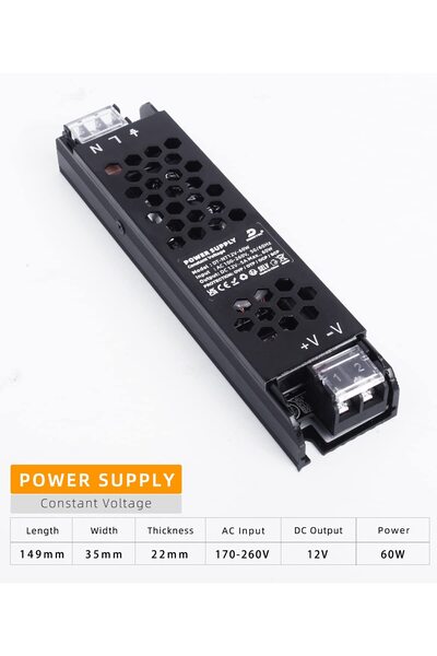 Generic LED Driver 12V Slim Power Supply 12.5A AC 240V to 12V DC, Constant Voltage (60W)