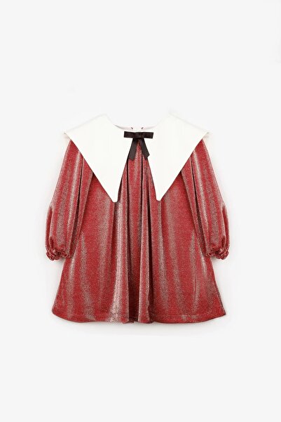 ÖZ-NE MAĞAZACILIK Uzun Kollu Yaka Detaylı Simli Kız Çocuk Elbise