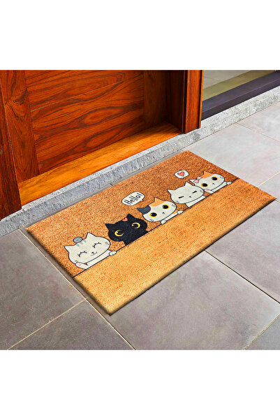 VibeHome Kedi Kafası Desenli 65x45 Kapı Önü Kilimi - Yıkanabilir Dış Paspas Halı - Sevimli Tasarım