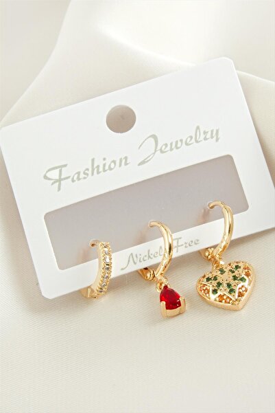 ZERO LAND Sepetim 3 Pieces Heart Zircon Stone Earrings-Yellow