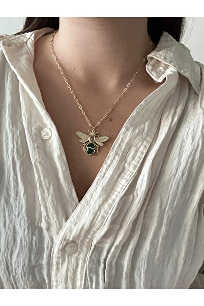 Charmist 14K Çelik Üzeri Altın Kaplama Yeşil Taşlı Kolye