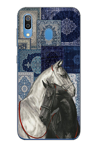 TechTree حافظة سيليكون متوافقة مع هاتف سامسونج جالاكسي A20-A30 باللون الأزرق بنمط الحصان الأسود والأبيض مطبوع