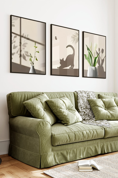 kutuTR Siyah Çerçeveli 2D UV Baskı 3’lü MDF Tablo Set–Gölge Kedi ve Bitki Tem...