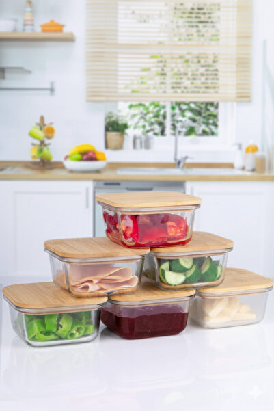 Masis Home 6'Lı Bambu Kapaklı 300ml Kare Cam Kase Kahvaltılık Çerezlik Saklam...