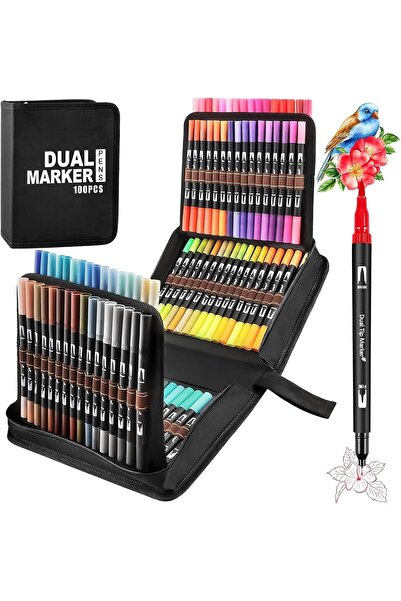 Modellino 24-36-48-60-80-100-120'li Çift Uçlu Fırça ve 0.4 Fine Uç Dual Brush Pens Çantalı Keçeli Sanat Kalemi