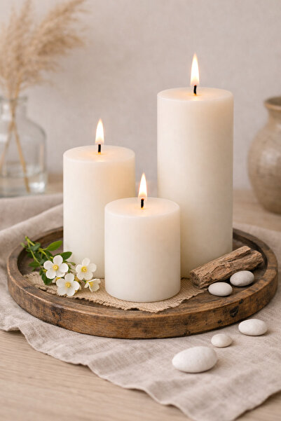 ROSA RAİN 3’lü Silindir Mum Seti | Beyaz Dekoratif Mum | Ev & Masa Üstü Süsleme