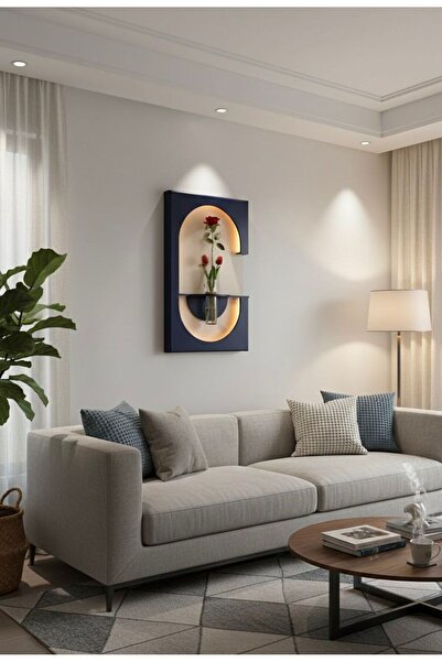 Nera Tasarım Led Işıklı Ahşap Duvar Çiçekliği - Modern Duvar Panosu Lacivert 45X75cm