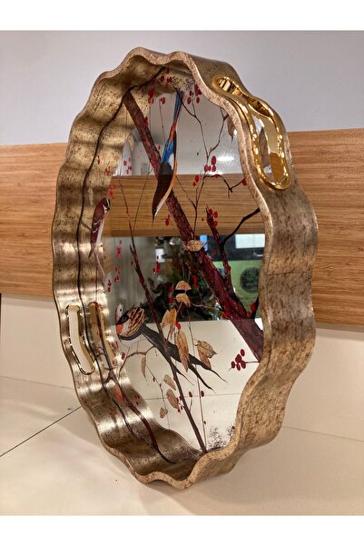 PLUS HOME TEPSİ AHŞAP VE AYNA KUŞ DESENLİ VOLANLI MODEL BÜYÜKBOY RENK ANTİK ESKİTME ÇAPI 40 CM