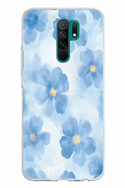 TechTree Redmi 9 Uyumlu Mavi Çiçekler Baskılı Silikon Kılıf