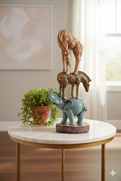 Dekoromi Dekoratif 3'lü Sevimli Hayvanlar Heykel Biblo (37X16CM) Fil Zürafa Ev ve Ofis Dekorasyon Ürünleri