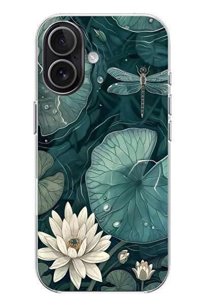 TechTree حافظة سيليكون متوافقة مع هاتف iPhone 17 على شكل زهرة اللوتس واليراعات الخضراء مطبوع