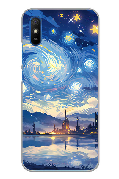 TechTree Redmi 9A Uyumlu Yıldızlı Gökyüzü ve Şehir Silüeti Baskılı Silikon Kılıf