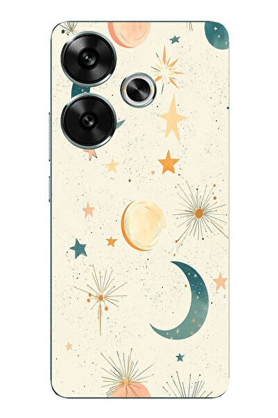 TechTree حافظة سيليكون متوافقة مع POCO F6 ذات خلفية كريمية وقمر ونجمة مطبوع