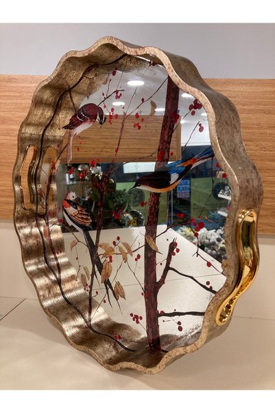 PLUS HOME Tray Made of Wood and Mirror with Bird Pattern, Model with a Wheel, Medium Size, Color Antique, Diameter 35 cm
