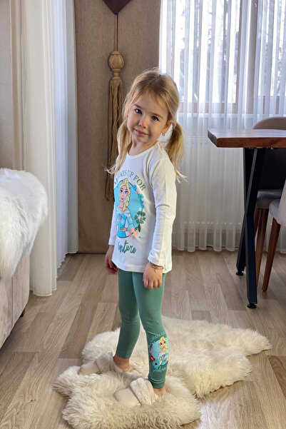 Elsa Desenli Yeşil Renk Kız Çocuk Taytlı Takım