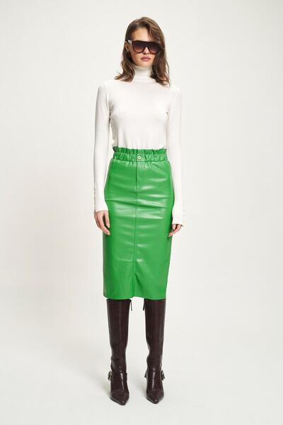 Lijuri Gathered Waist Slit Detailed Leather Midi Skirt 4073 R3-J-K1