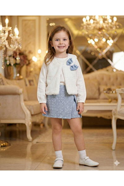 Asliva fashion Asliva Girls' Fur Vest Linen Blouse and Blue Tweed Shorts Skir...