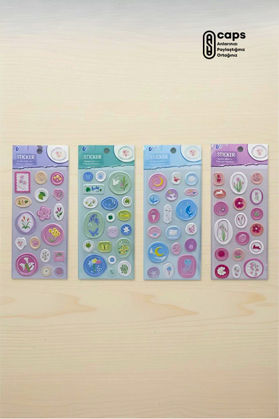caps office 70 Adet Floral Desenli Tematik 3D Kabartmalı Sticker Scrapbook, B...