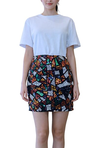 Qualia Butik Kadın Geometrik Desenli Payetli Yüksek Bel Mini Etek