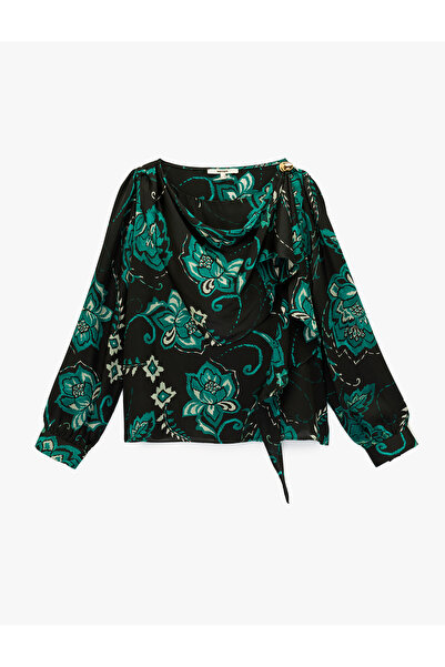 Koton Ethnic Floral Print Long Sleeve Shawl Collar Satin Blouse