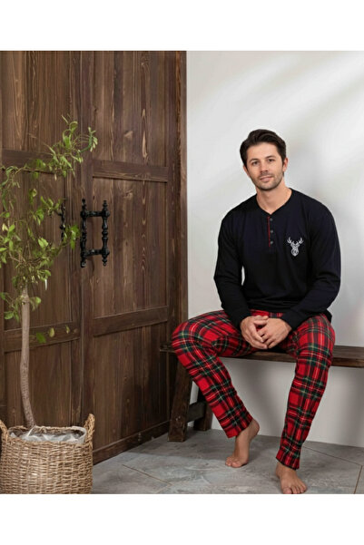 Tarık Erkek İnterlok Süet Kırmızı Ekoseli Kışlık Ev Giyimi-Pijama Takımı