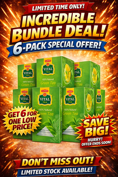 vital tea (عبوة من 6) شاي أخضر سادة - 30 كيس شاي غني بمضادات الأكسدة، منتقى ي...