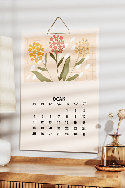 Grafiklas 2026 A4 Duvar Takvimi 21x30 cm – Çiçek Desenli Modern Sanat Tasarımlı 12 Yaprak Asmalı Takvim