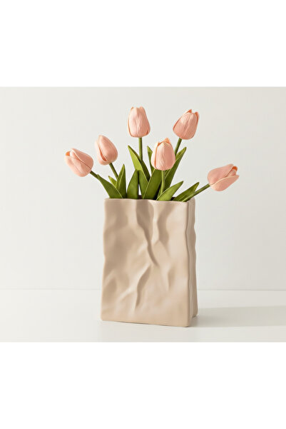 Kafs Store Modern Geometrik Formlu Bej Dekoratif Vazo (17x13 cm)